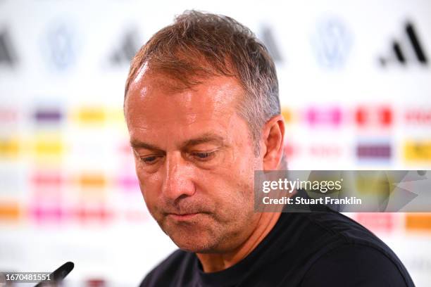 Hansi Flick, Head Coach of Germany, speaks to the media in the post match press conference following the international friendly match between Germany...