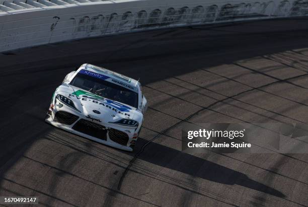 John Hunter Nemechek, driver of the Pye Barker Fire & Safety Toyota, drives during the NASCAR Xfinity Series Kansas Lottery 300 at Kansas Speedway on...