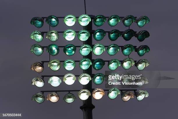 Floodlights during the First Metro Bank One Day International match between England and New Zealand at Sophia Gardens on September 8, 2023 in...