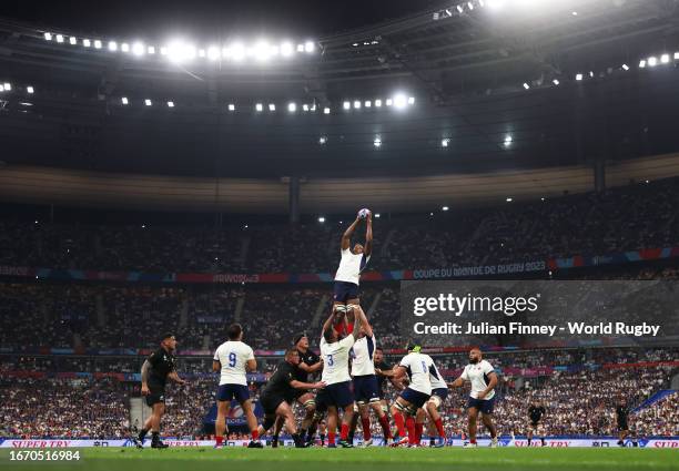 Gael Fickou of France catches the line out during the Rugby World Cup France 2023 Pool A match between France and New Zealand at Stade de France on...