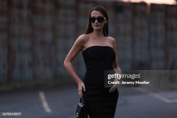 Gabrielle Caunesil Pozzoli is seen outside Ralph Lauren show wearing black sunnies , black Ralph Lauren dress with free shoulder and a Ralph Lauren...