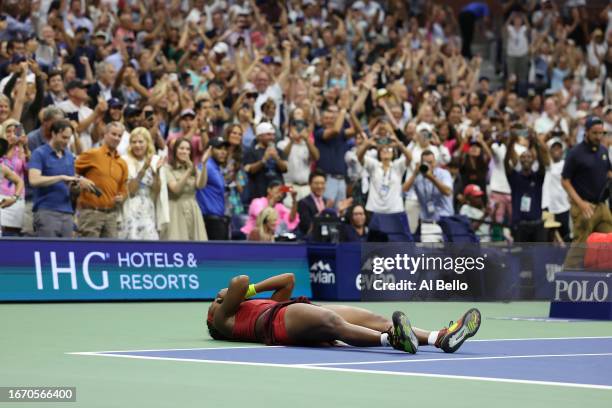 Coco Gauff of the United States celebrates after defeating Aryna Sabalenka of Belarus in their Women's Singles Final match on Day Thirteen of the...