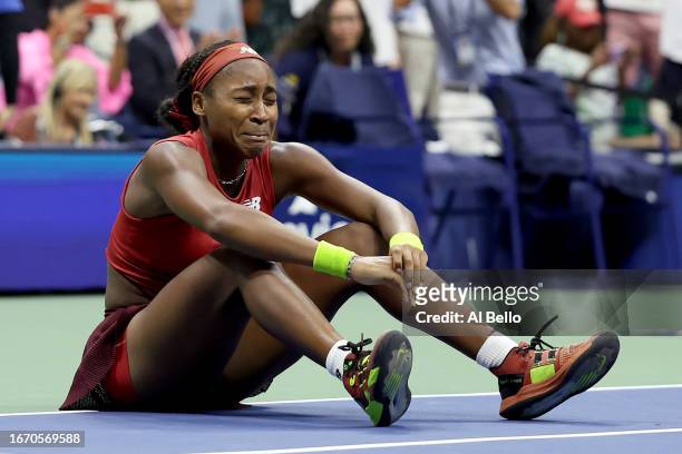 Coco Gauff of the United States reacts after defeating Aryna Sabalenka of Belarus in their Women's Singles Final match on Day Thirteen of the 2023 US...