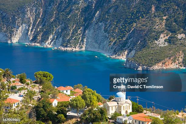 view over afales bay, exogi, ithaca, greece - ithaca stock pictures, royalty-free photos & images