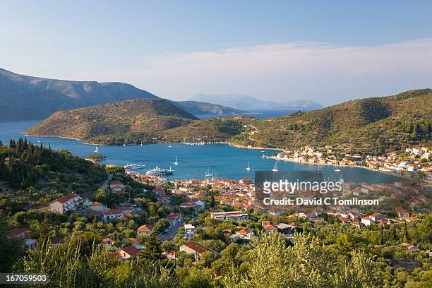 view from hillside, vathy, ithaca, greece - ionian islands stock-fotos und bilder