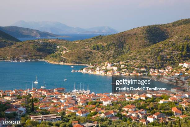 view from hillside, vathy, ithaca, greece - ithaca stock pictures, royalty-free photos & images