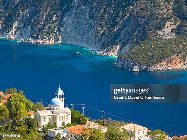 view over afales bay, exogi, ithaca, greece - ithaca stock pictures, royalty-free photos & images