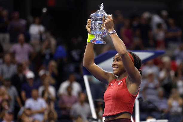 Coco Gauff of the United States celebrates after defeating Aryna Sabalenka of Belarus in their Women's Singles Final match on Day Thirteen of the...