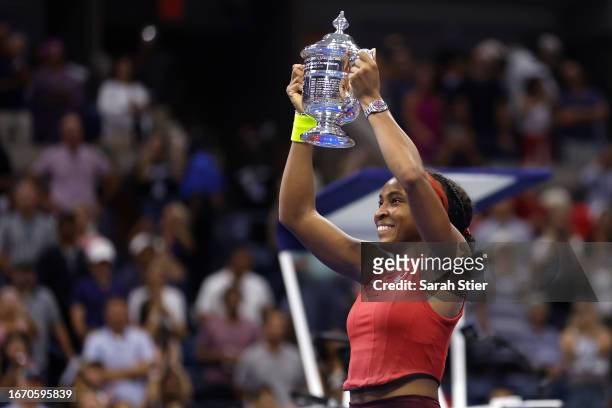 Coco Gauff of the United States celebrates after defeating Aryna Sabalenka of Belarus in their Women's Singles Final match on Day Thirteen of the...