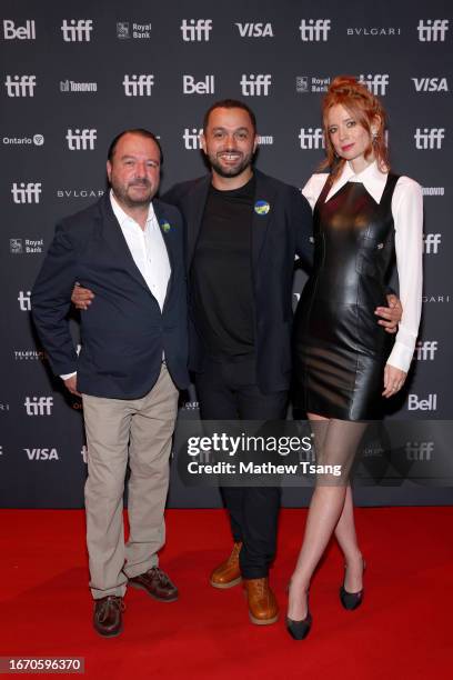 Mike Lerner, Karim Amer, and Odessa Rae attend the "Defiant" premiere during the 2023 Toronto International Film Festival at Scotiabank Theatre on...