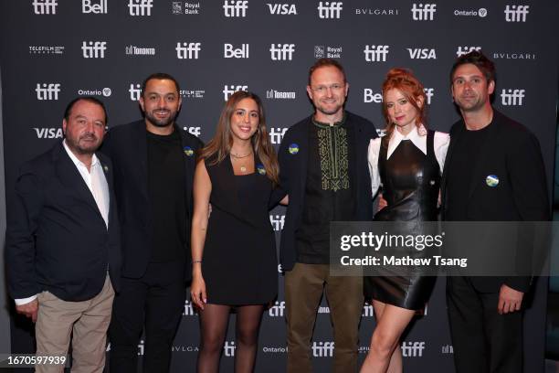 Mike Lerner, Karim Amer, Leen Karadsheh, Oleksiy Makukhin, Odessa Rae, and Jake Swantko attend the "Defiant" premiere during the 2023 Toronto...