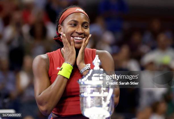 Coco Gauff of the United States celebrates after defeating Aryna Sabalenka of Belarus in their Women's Singles Final match on Day Thirteen of the...