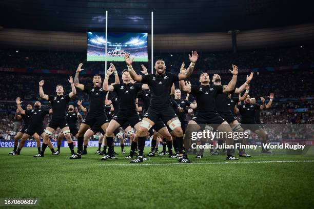 Ardie Savea of New Zealand leads the Haka prior to the Rugby World Cup France 2023 Pool A match between France and New Zealand at Stade de France on...