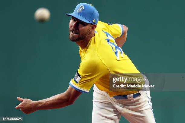 Starting pitcher Chris Sale of the Boston Red Sox throws against the Baltimore Orioles during the first inning at Fenway Park on September 09, 2023...