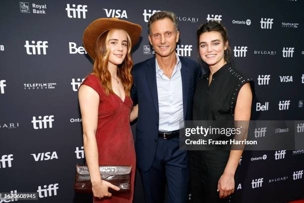 Rae Isla, Tony Goldwyn and Adrienne Ackerman attend the "Ezra" premiere during the 2023 Toronto International Film Festival at Princess of Wales...