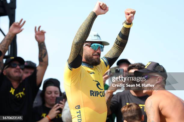 Filipe Toledo of Brazil reacts to the crowd after finishing first place in the 2023 Rip Curl WSL Finals at Lower Trestles on September 09, 2023 in...