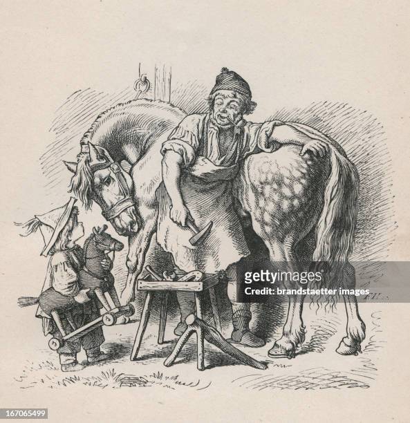 Boy with toy-horse is watching a blacksmith shoing a grey horse. Steel engraving from: Oscar Pletsch. Jahr ein Jahr aus im Elternhaus. 1861. Dresden....