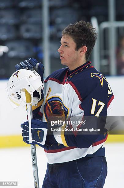 Left wing Ilya Kovalchuk of the Atlanta Thrashers looks on against the San Jose Sharks during the NHL game on November 13, 2002 at Philips Arena in...