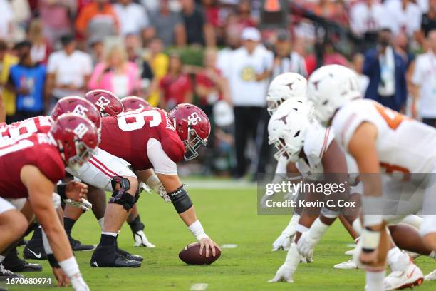 Seth McLaughlin of the Alabama Crimson Tide lines-up over the ball during the first quarter against the Texas Longhorns at Bryant-Denny Stadium on...