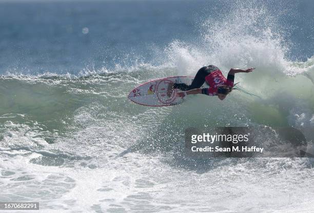 Caroline Marks competes in the 2023 Rip Curl WSL Finals at Lower Trestles on September 09, 2023 in San Clemente, California. Marks defeated Carissa...