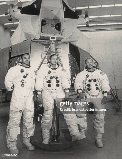 The crew of Apollo 11 : Mike Collins, Neil Armstrong and Edwin Aldrin. Kennedy Space Centre in Florida. Juni 27th 1969. Photograph. Die Besatzung der...