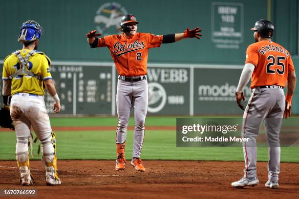 Gunnar Henderson of the Baltimore Orioles celebrates hitting a three-run home run with Anthony Santander during the sixth inning against the Boston...