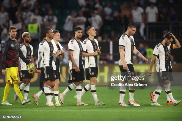 Players of Germany react after the international friendly match between Germany and Japan at Volkswagen Arena on September 09, 2023 in Wolfsburg,...