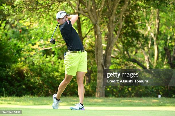 Akie Iwai of Japan hits her tee shot on the 2nd hole during the final round of the JLPGA Championship Konica Minolta Cup at Passage Kinkai Island...