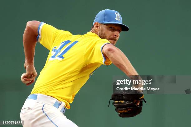 Starting pitcher Chris Sale of the Boston Red Sox throws against the Baltimore Orioles during the first inning at Fenway Park on September 09, 2023...