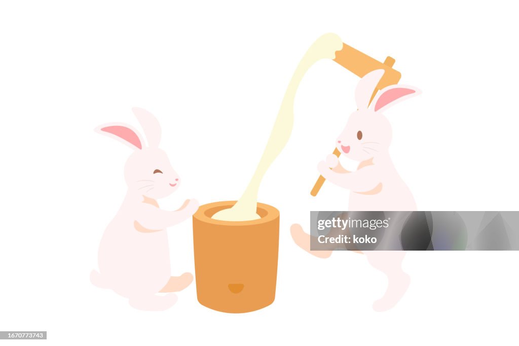 Japanese Culture. Harvest Moon. Rabbit Pounding Mochi.