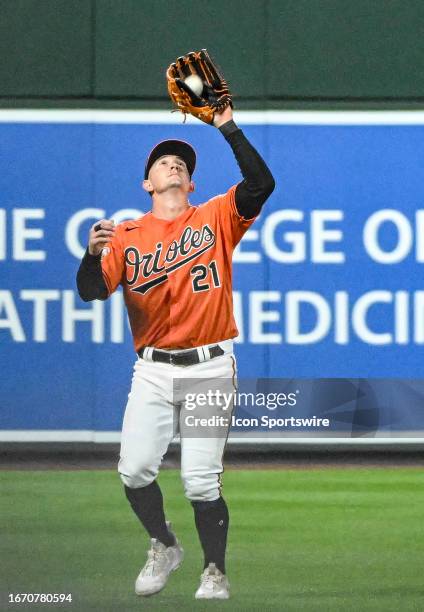 September 16: Baltimore Orioles left fielder Austin Hays makes a running catch during the Tampa Bay Rays versus the Baltimore Orioles on September...