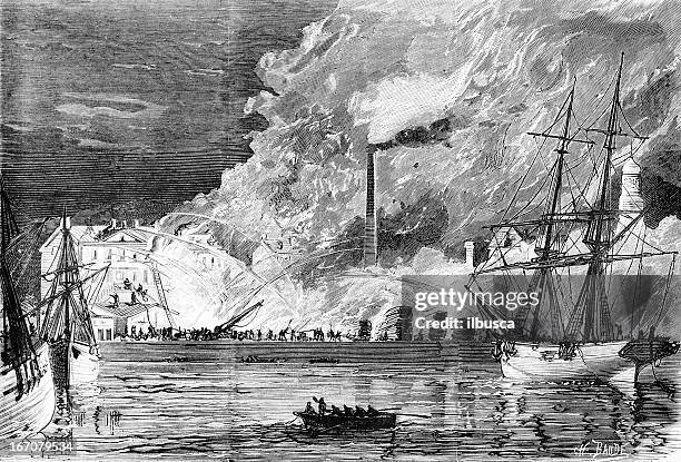honfleur 's fire - normandy stock illustrations