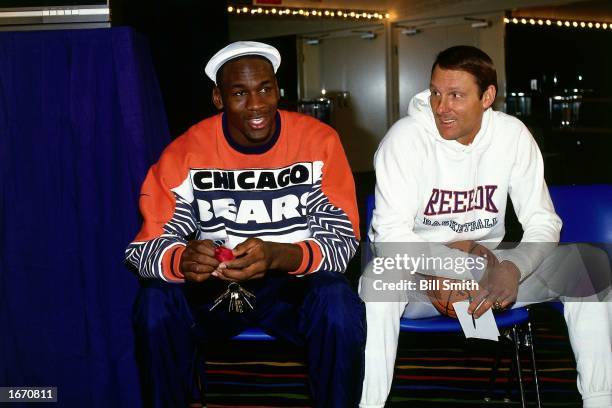 Michael Jordan of the Chicago Bulls during the 1980 All Star Game press conference at Chicago Stadium in Chicago, Illinois. NOTE TO USER: User...