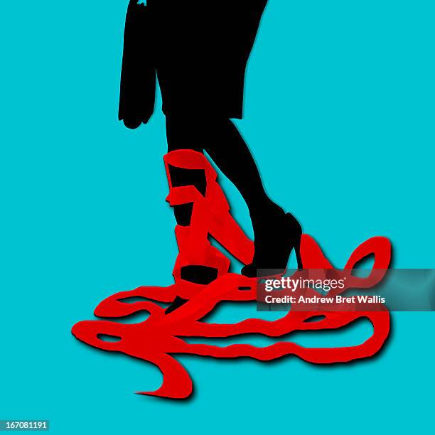 businesswoman's legs tangled up in red tape - red tape stock illustrations