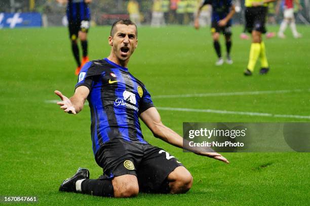 Henrikh Mkhitaryan celebrates his goal during the Italian championship Serie A football match between FC Internazionale and AC Milan on September 16,...