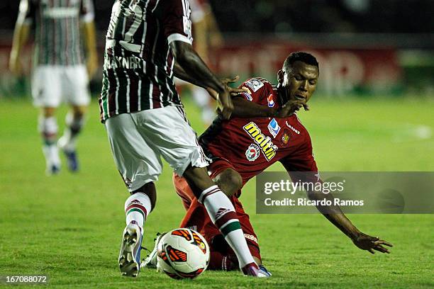 Amaral of Caracas FC fights for the ball during a match between Fluminense and Caracas FC as part of Copa Bridgestone Libertadores 2013 at São...