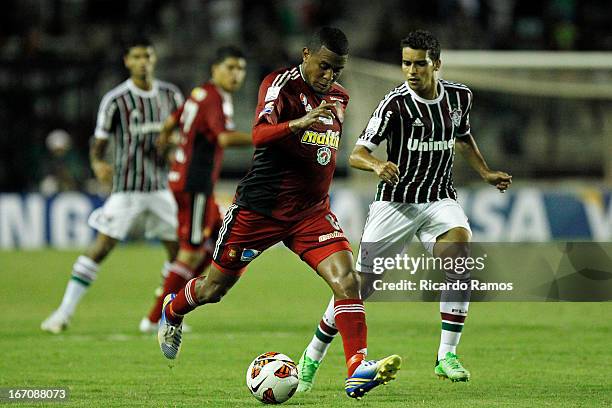 Edgar Jiménez of Caracas FC fights for the ball during a match between Fluminense and Caracas FC as part of Copa Bridgestone Libertadores 2013 at São...