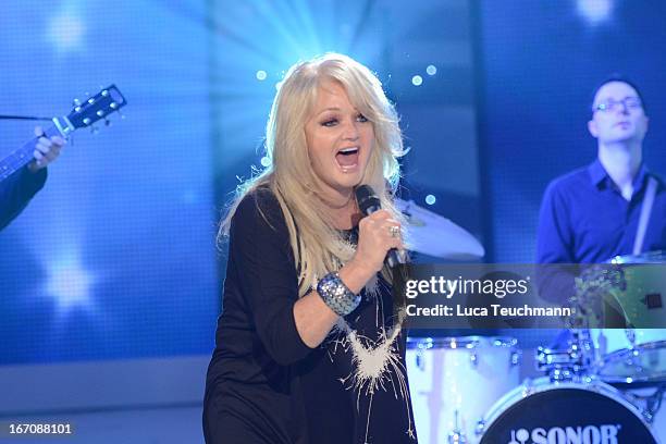 Bonnie Tyler performs on stage at 'Inka Bause Live' at Conrad Tack on April 19, 2013 in Burg, Germany. On April 19, 2013 in Burg, Germany.