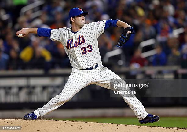 Matt Harvey of the New York Mets delivers a pitch in the second inning against the Washington Nationals on April 19, 2013 at Citi Field in the...
