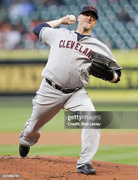 Pitcher Brett Myers of the Cleveland Indians throws in the first inning against the Houston Astros at Minute Maid Park on April 19, 2013 in Houston,...