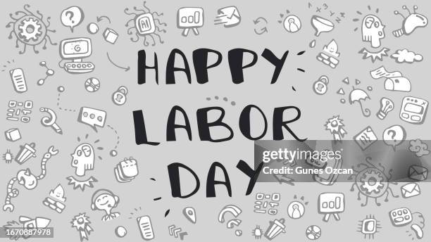 happy labor day text with little icons doodle pattern background - usa national holiday background - technology it occupation pattern cute hand drawing - computer tech background stock illustrations