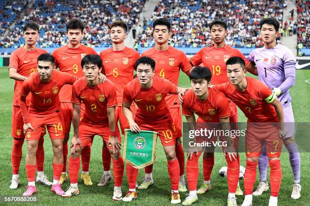 Players of Team China pose for a group photo prior to the AFC U23 Asian Cup Qualifier Group G match between China and India at the Suoyuwan Stadium...