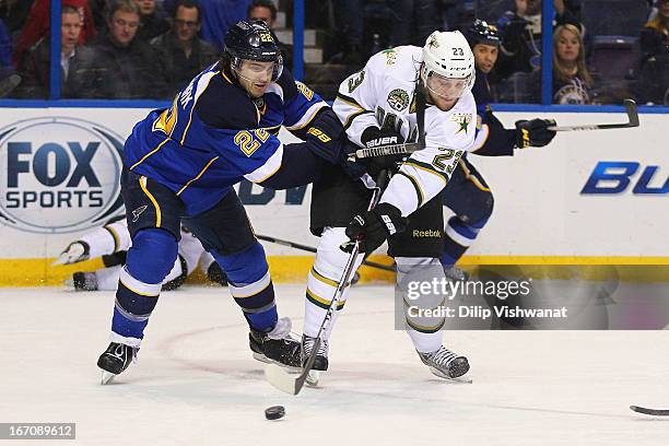 Tom Wandell of the Dallas Stars pass the puck against Kevin Shattenkirk of the St. Louis Blues during the second period at the Scottrade Center on...