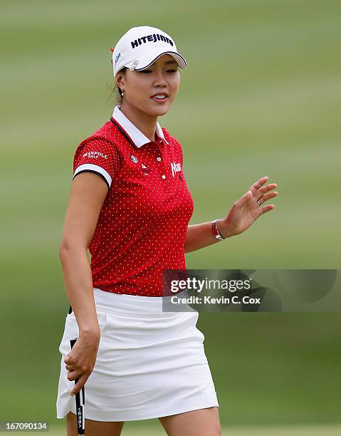 Hee Kyung Seo of South Korea reacts after her par putt on the third green during the third round of the LPGA LOTTE Championship Presented by J Golf...