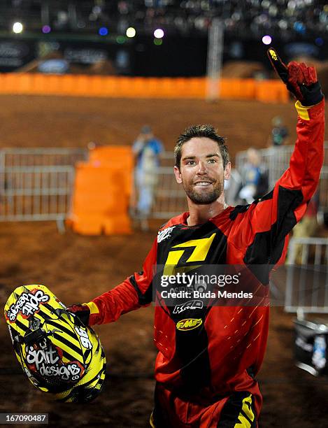 Bryce Hudson celebrates a victory during Moto X Step Up at the X Games on April 19, 2013 in Foz do Iguacu, Brazil.