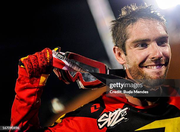Bryce Hudson celebrates a victory during Moto X Step Up at the X Games on April 19, 2013 in Foz do Iguacu, Brazil.