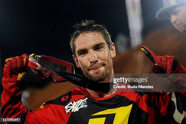 Bryce Hudson celebrates a victory during Moto X Step Up at the X Games on April 19, 2013 in Foz do Iguacu, Brazil.