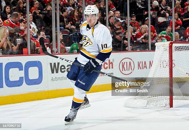 Bobby Butler of the Nashville Predators reacts after scoring and tying the game in the third period against the Chicago Blackhawks during the NHL...