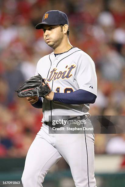 Starting pitcher Anibal Sanchez of the Detroit Tigers walks to the dugout after being relieved in the seventh inning against the Los Angeles Angels...