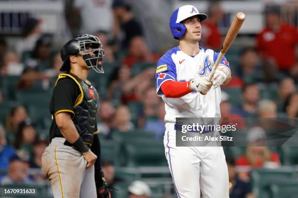 Matt Olson of the Atlanta Braves watches his solo home run against the Pittsburgh Pirates during the seventh inning at Truist Park on September 09,...